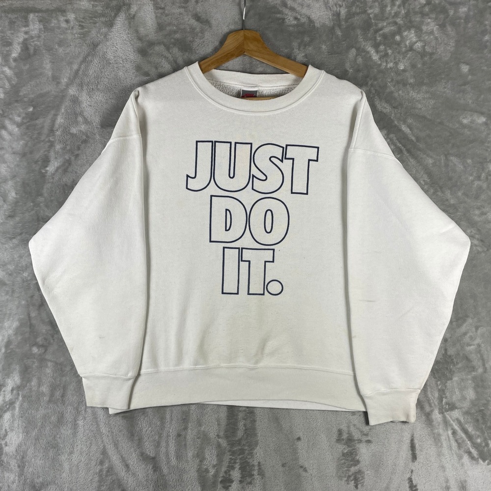 Vintage 80s Nike Sweatshirt Mens L White Just Do It Graphic Pullover USA Made